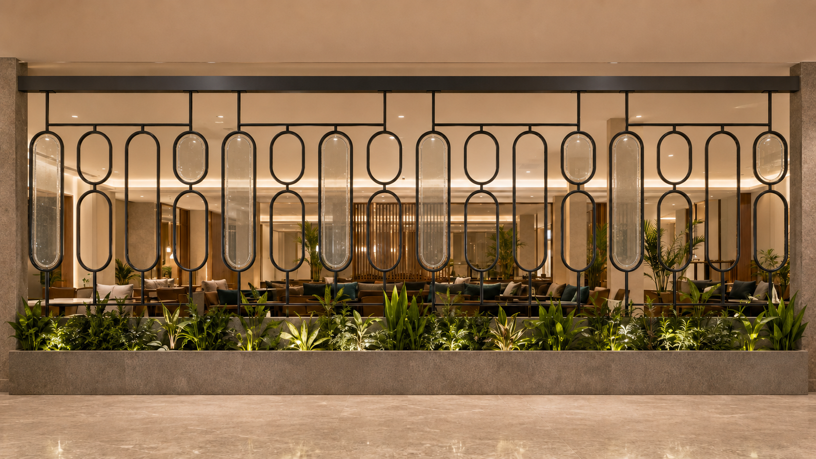 Concept visualisation of a capsule glass partition in a hospitality interior